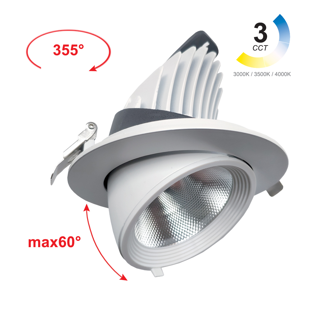 Χωνευτό φωτιστικό Roma 30W 3CCT 3000-3500-4000K 36° Λευκό CRI>90 315-720mA 34-38Volt d16h13.5cm 5Έτη