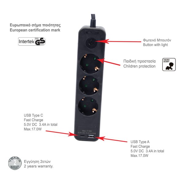 Power Strip 3 Sockets 16A,2 USB A & C Max 17W,Switch,3Χ1.5mm2 1.4m,With Children Security,Black, PVC With Hanger, Electropack - Image 2