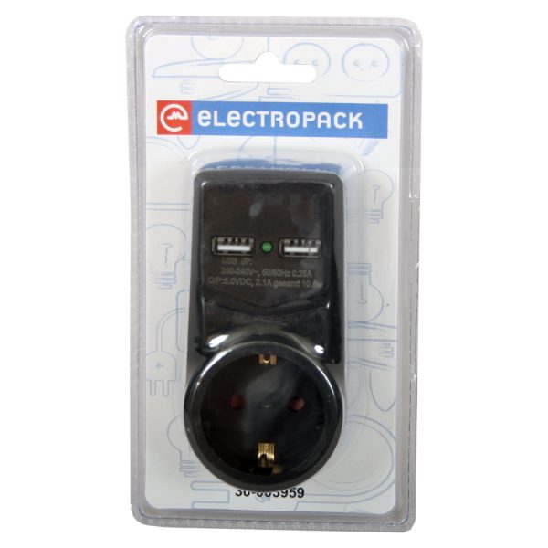 Adaptor Schuko with 2 USB max 2.4A, Black 16A 250V - Image 2