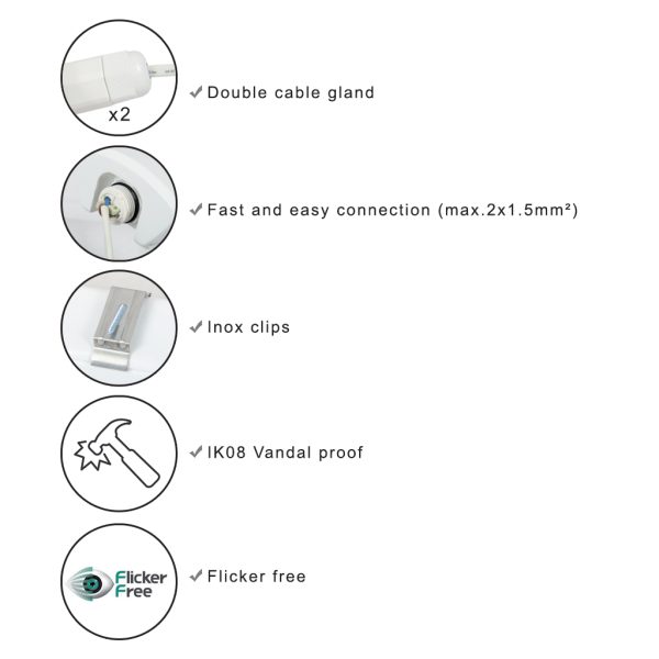 Φωτιστικό Led Triproof Λευκό 70W 4000K 150cm IP65 Διπλός Στυπιοθλίπτης IK08,Inox Clips@ - Image 2
