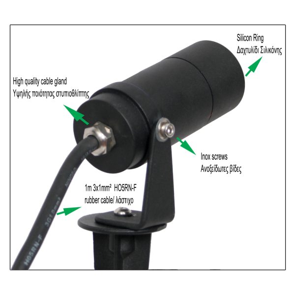 Φωτιστικό Minima Led Μαύρο 3W 3000K 45x10° κάθετη έλλειψη IP65 d3.9 h9cm 3x1mm2 1m - Image 2