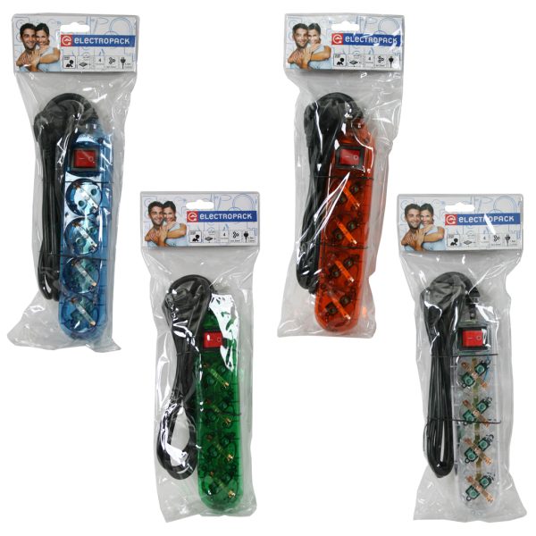 Power strip 4 sockets,with switch and children protection,1.5m cable 3x1.5mm2,Electropac,green&blue&orange&transparent colour, black cable& plug, PVC Packing - Image 2